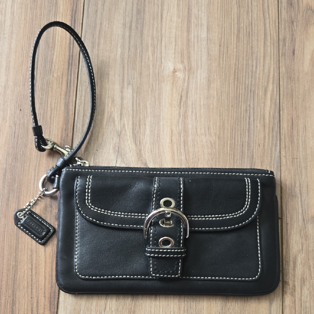 Black Leather Coach Wristlet with Buckle Accent